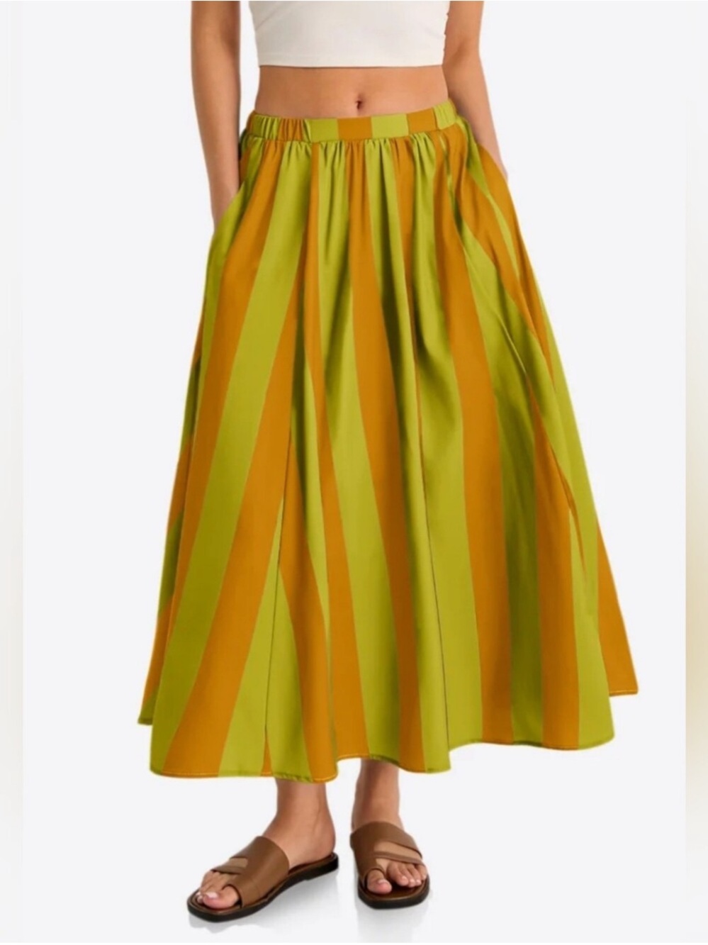 FREE PEOPLE NWT lowen stripe midi skirt -green/brown combo -M